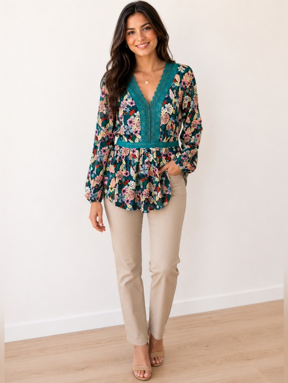 Matilda Jane Kookaburra Teal Lace-Trim Blouse with Colorful Flowers, Size Large